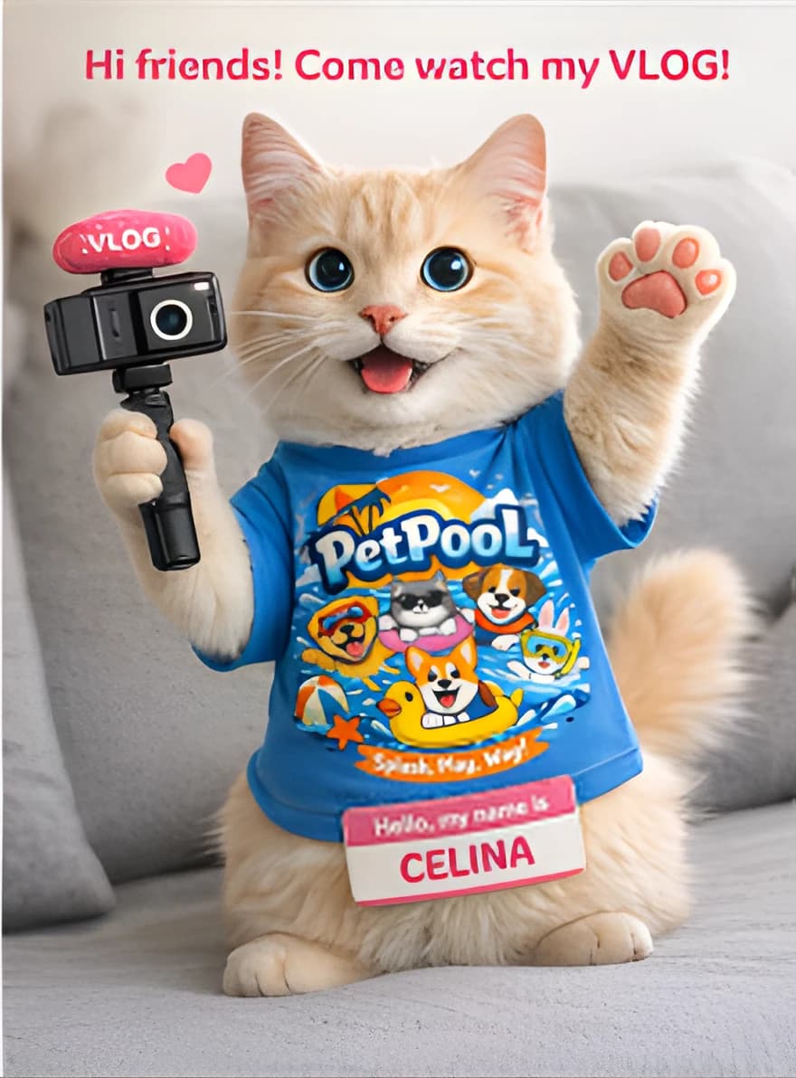 Celina, a cream tabby cat, wears a blue PetPool t-shirt and a name tag that reads CELINA while holding a camera labeled VLOG. The panel says Hi friends! Come watch my VLOG!